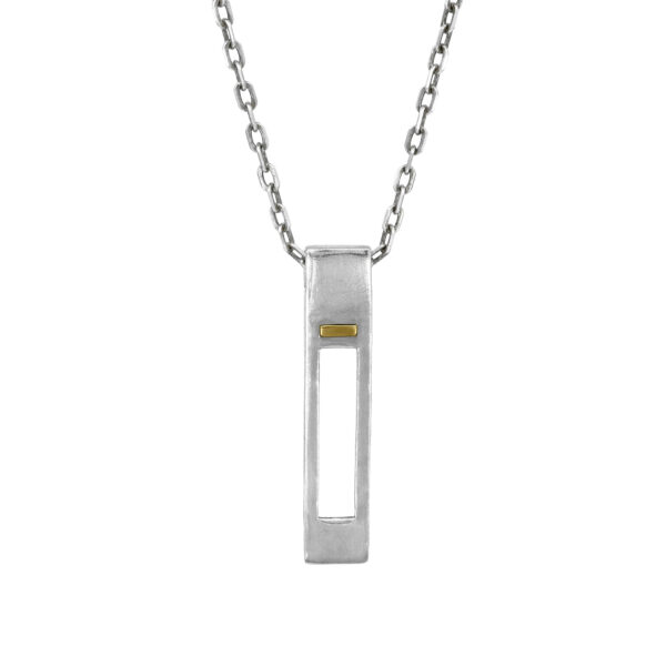 MF Necklace – long rectangular silver frame and 14k gold bar